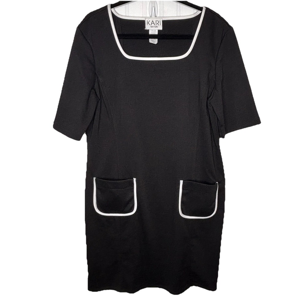 Vtg KARI New York Dress Black 16 Sheath Pockets White Piping Classic Timeless